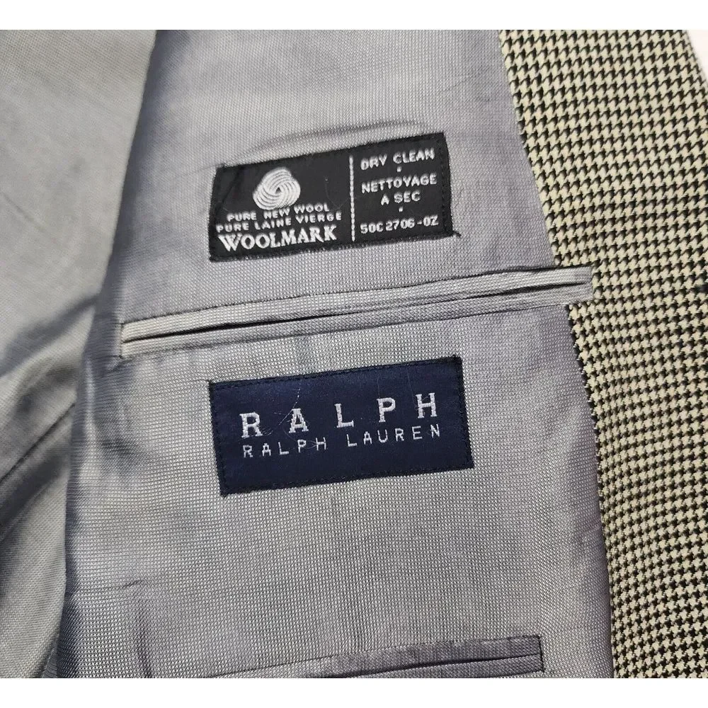 Ralph Ralph Lauren Houndstooth Wool Blazer Sport Coat Mens Sz 43R Tan Beige Work